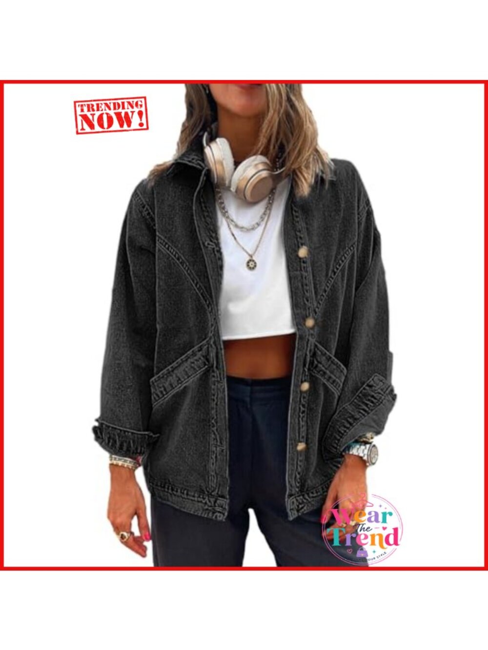Oversized Button Up Denim Jacket Cotton Loose Fit Long Sleeve Shacket - Picture 1 of 5